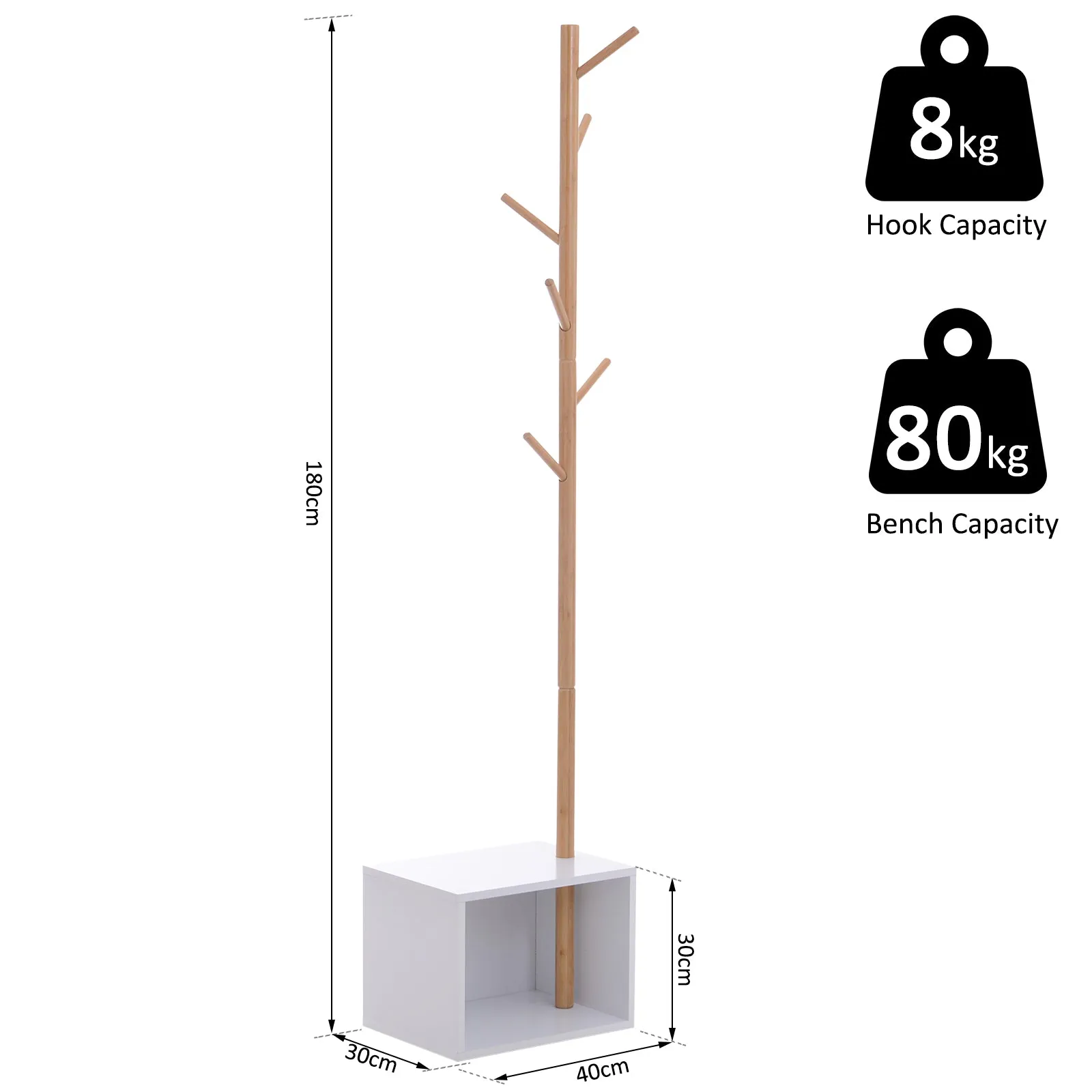 180 cm Coat Rack Storage Bench Hallway Tree Hat Hanger Entryway Stand Garment Organiser Bedroom Living Room