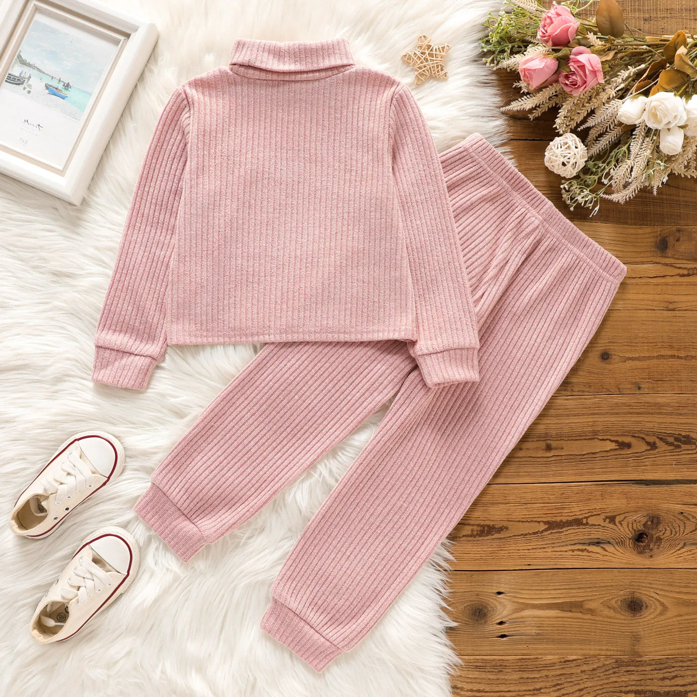 2pcs Toddler Girl Solid Color Ribbed Turtleneck Long-sleeve Tee and Elasticized Pants Set