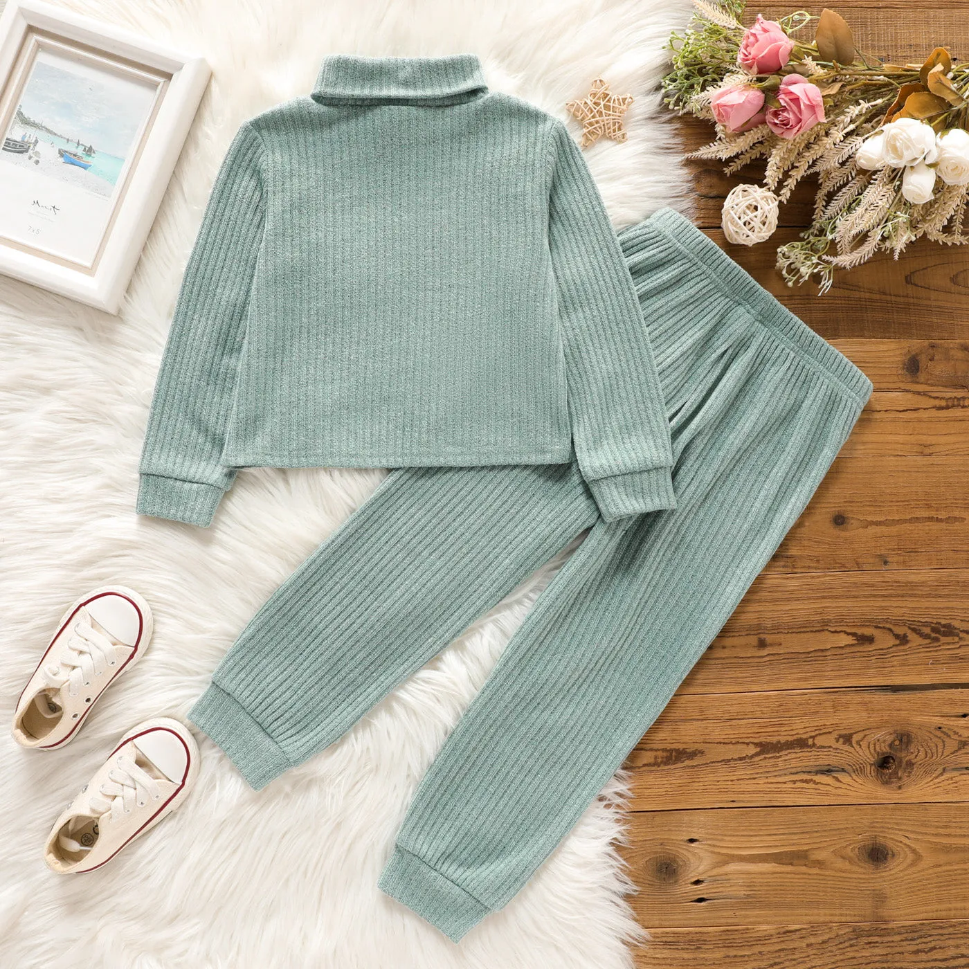 2pcs Toddler Girl Solid Color Ribbed Turtleneck Long-sleeve Tee and Elasticized Pants Set