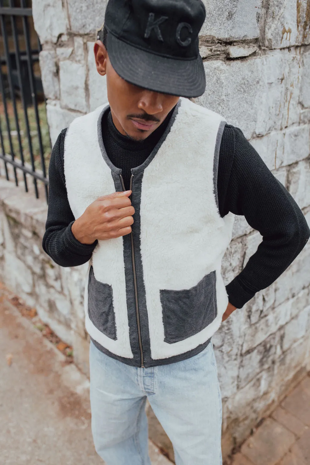 3sixteen Reversible Work Vest - Black Canvas/Ecru Wool Sherpa