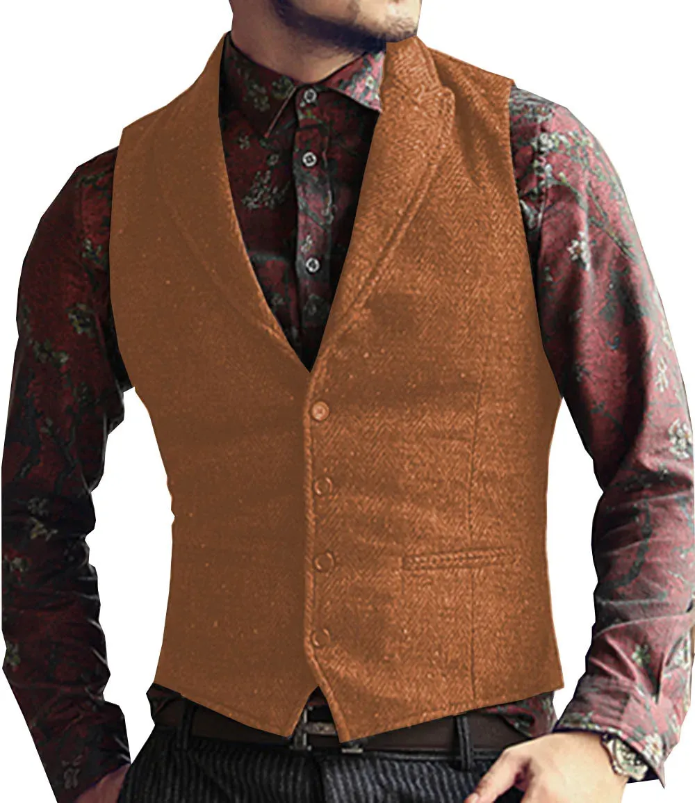 Aidase Grey Herringbone Men's Vests Lapel V Neck Wool Casual Formal Business Vest Slim Fit Gilet Waistcoat Groomman