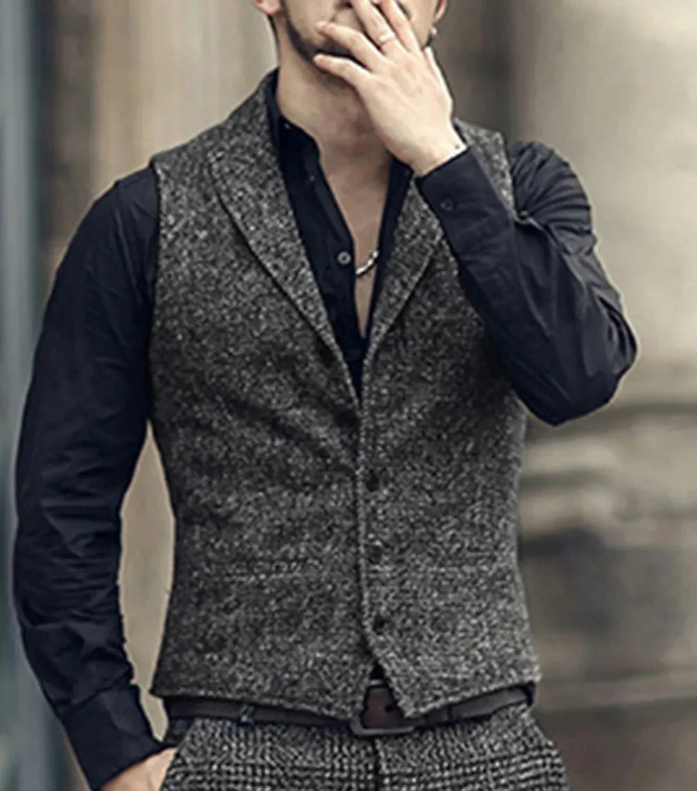 Aidase Grey Herringbone Men's Vests Lapel V Neck Wool Casual Formal Business Vest Slim Fit Gilet Waistcoat Groomman