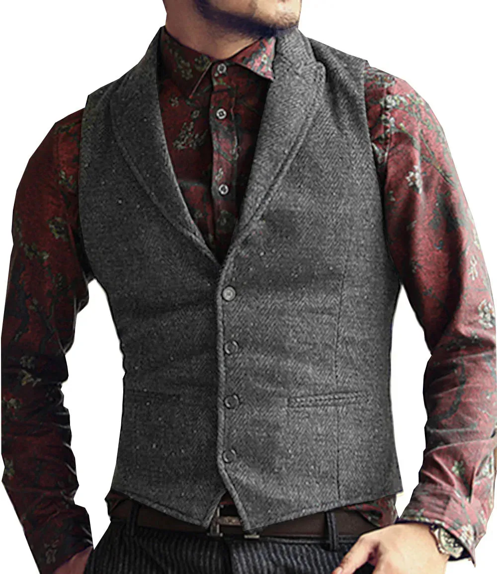 Aidase Grey Herringbone Men's Vests Lapel V Neck Wool Casual Formal Business Vest Slim Fit Gilet Waistcoat Groomman