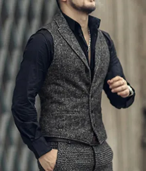 Aidase Grey Herringbone Men's Vests Lapel V Neck Wool Casual Formal Business Vest Slim Fit Gilet Waistcoat Groomman