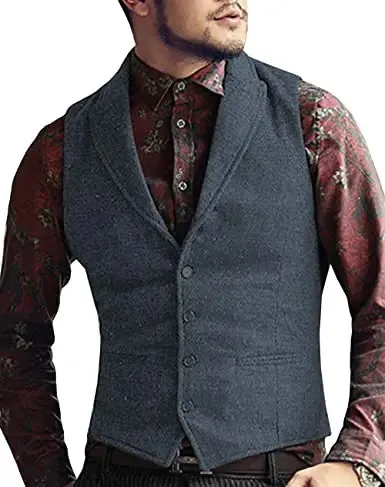 Aidase Grey Herringbone Men's Vests Lapel V Neck Wool Casual Formal Business Vest Slim Fit Gilet Waistcoat Groomman