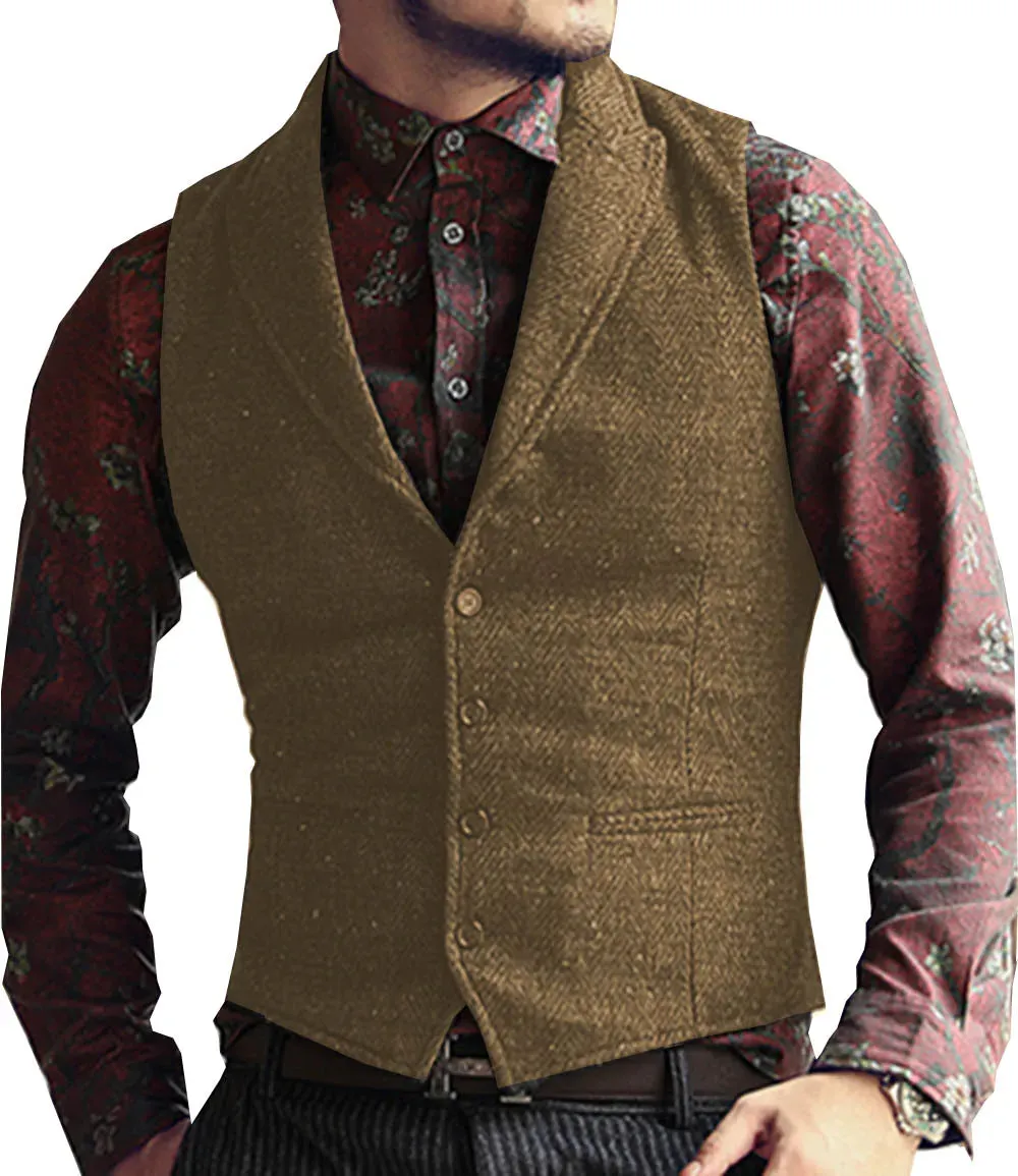 Aidase Grey Herringbone Men's Vests Lapel V Neck Wool Casual Formal Business Vest Slim Fit Gilet Waistcoat Groomman