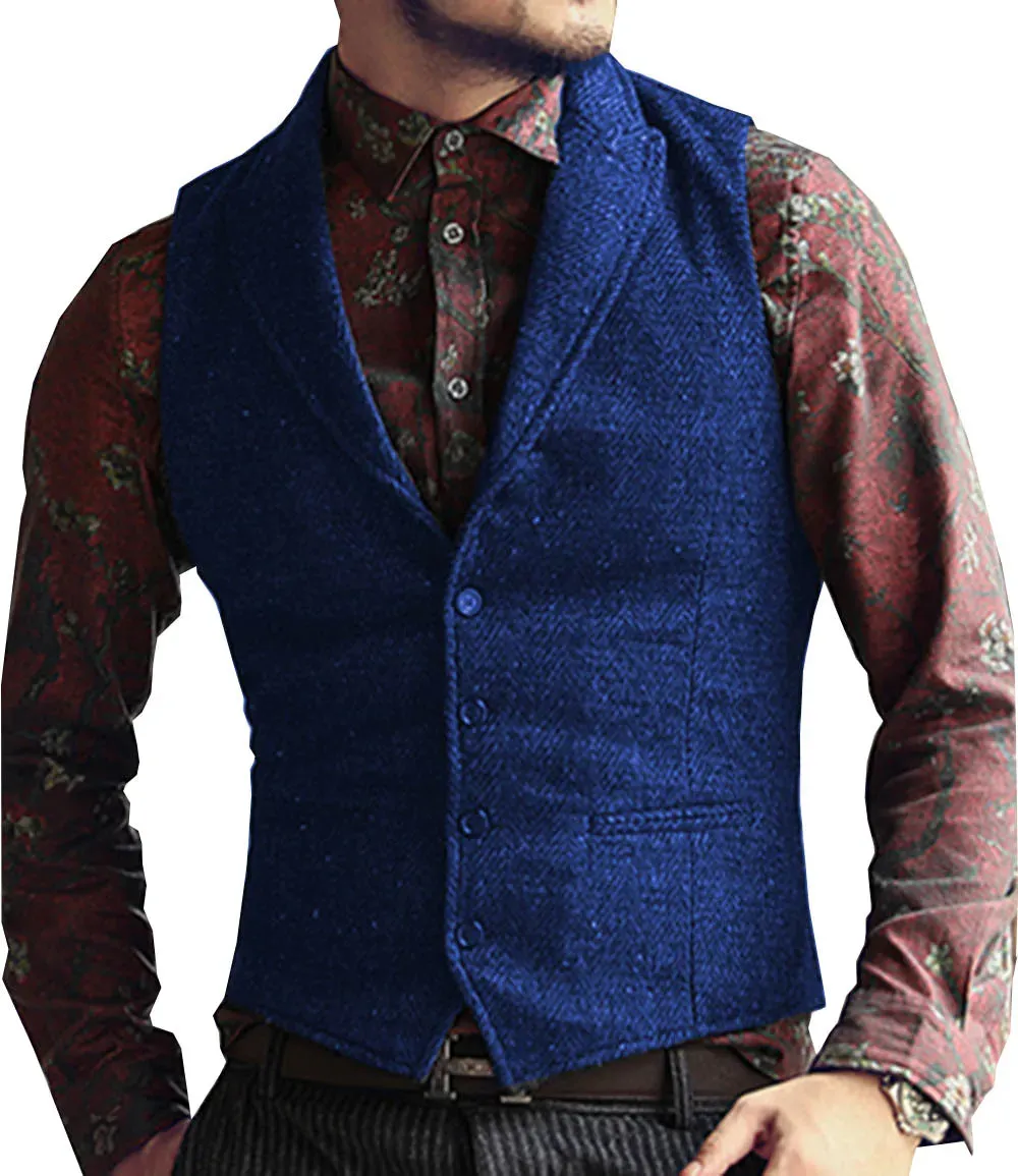 Aidase Grey Herringbone Men's Vests Lapel V Neck Wool Casual Formal Business Vest Slim Fit Gilet Waistcoat Groomman