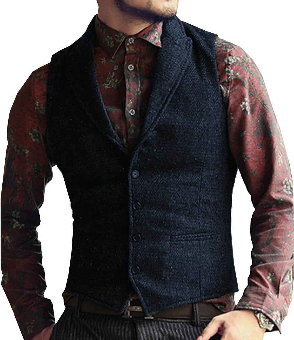 Aidase Grey Herringbone Men's Vests Lapel V Neck Wool Casual Formal Business Vest Slim Fit Gilet Waistcoat Groomman