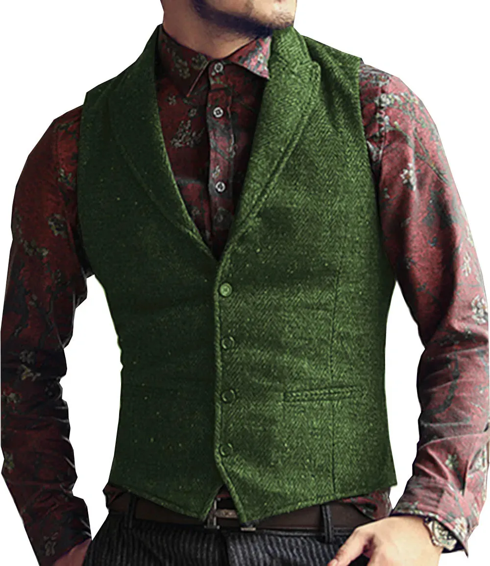 Aidase Grey Herringbone Men's Vests Lapel V Neck Wool Casual Formal Business Vest Slim Fit Gilet Waistcoat Groomman