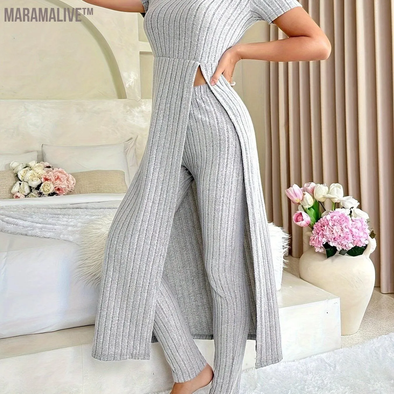 Casual Solid Two-piece Set, Split Crew Neck Maxi Length Top & Skinny Leggings Outfits, Women's Clothing