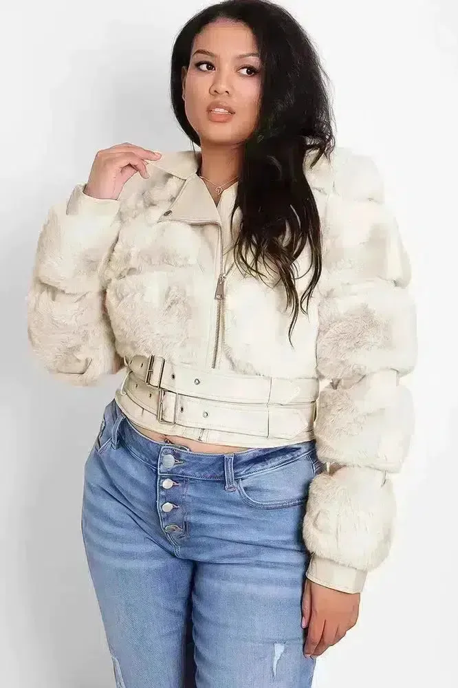 Faux Fur And Vegan Leather Double Belt Biker Jacket