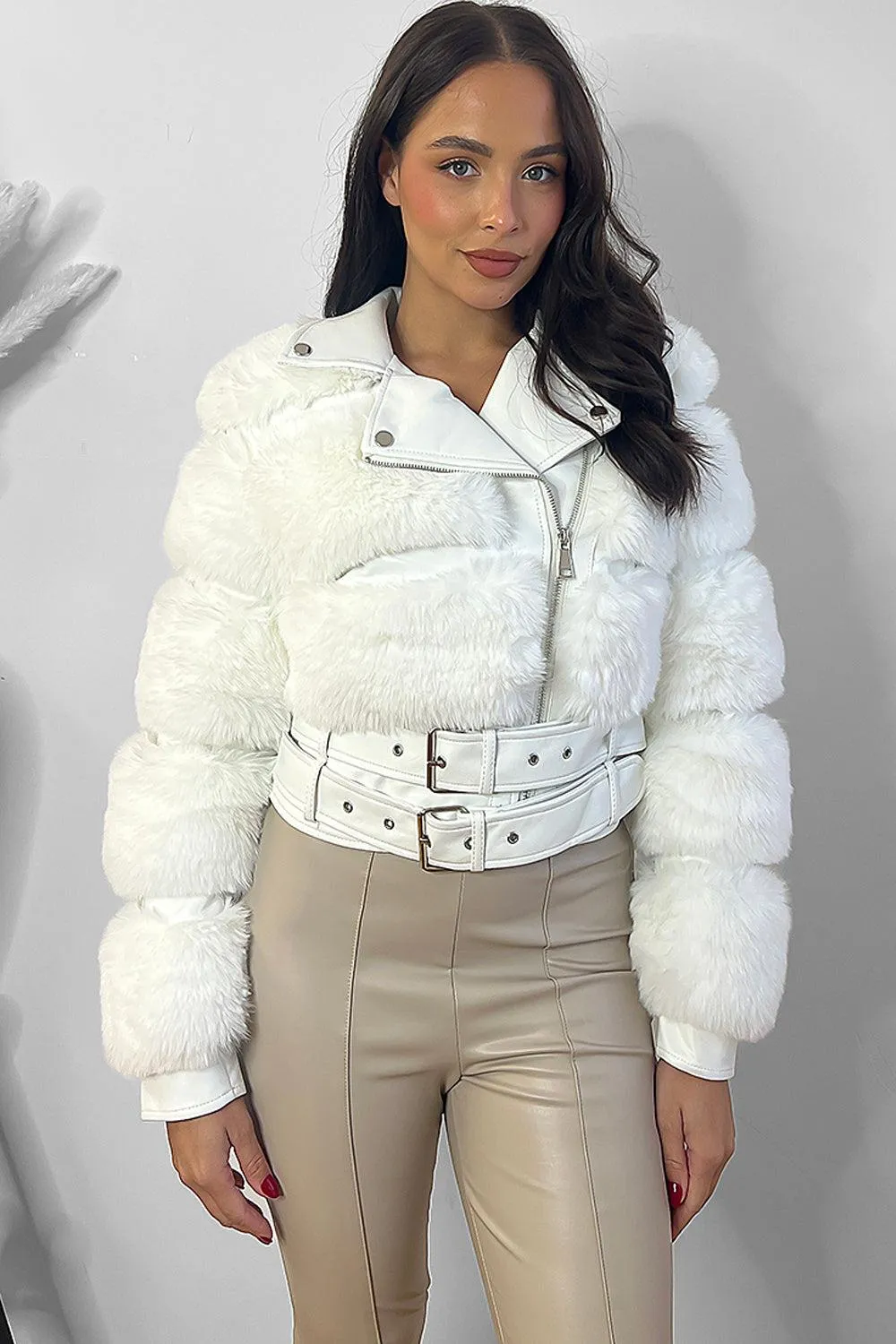 Faux Fur And Vegan Leather Double Belt Biker Jacket