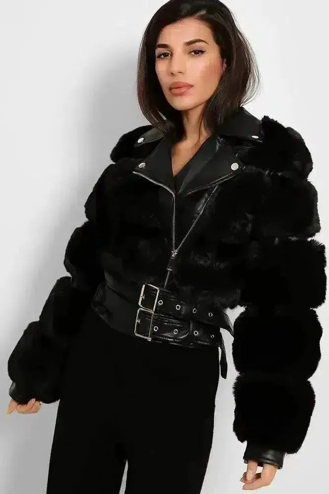 Faux Fur And Vegan Leather Double Belt Biker Jacket