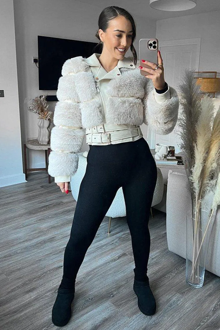 Faux Fur And Vegan Leather Double Belt Biker Jacket