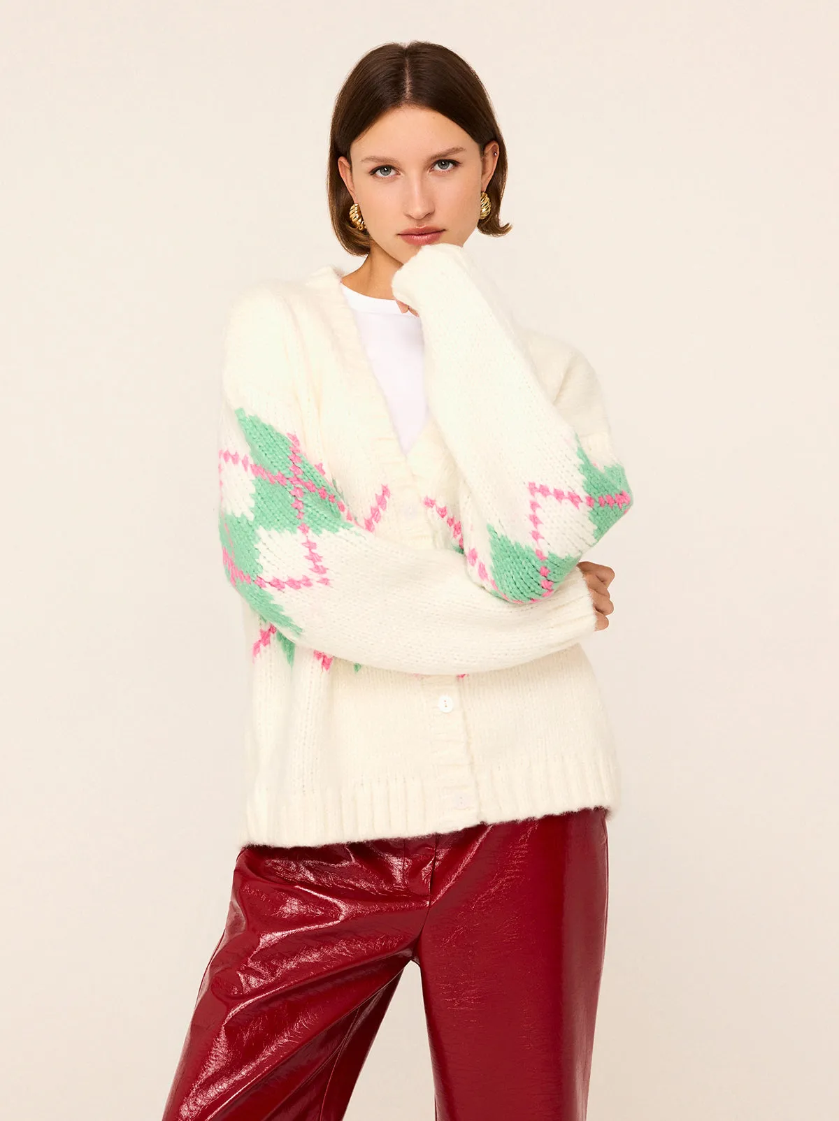 Felicia Ivory Argyle V-Neck Knit Cardigan