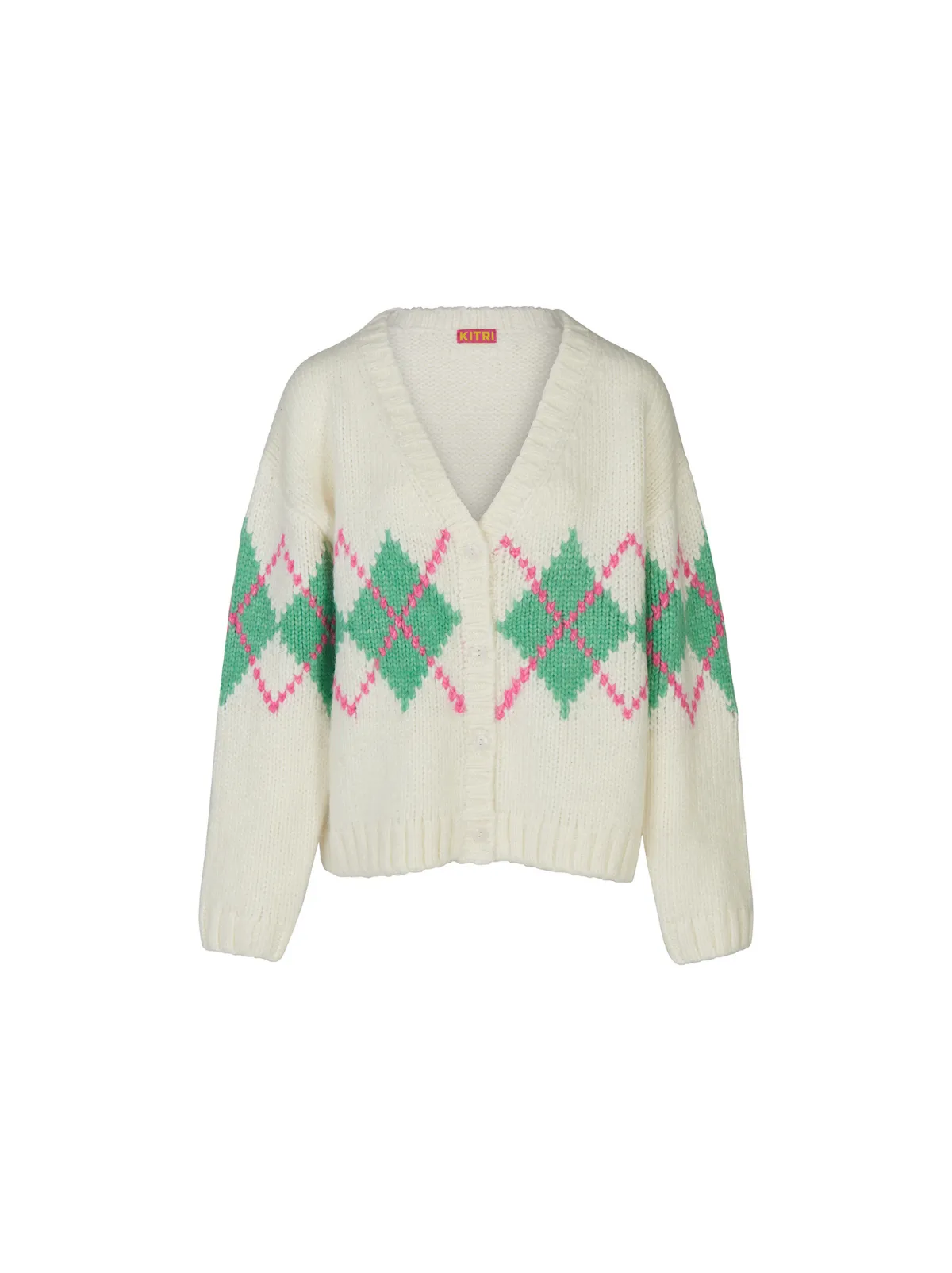 Felicia Ivory Argyle V-Neck Knit Cardigan