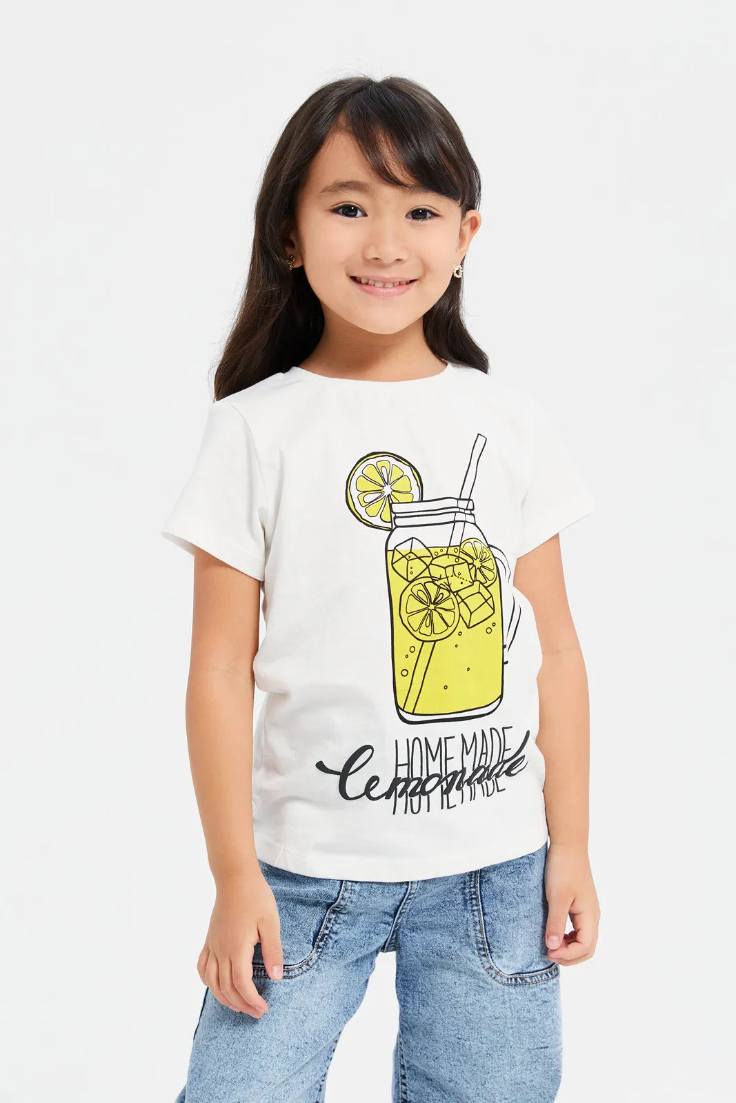 Girls White Lemonade Print T-Shirt