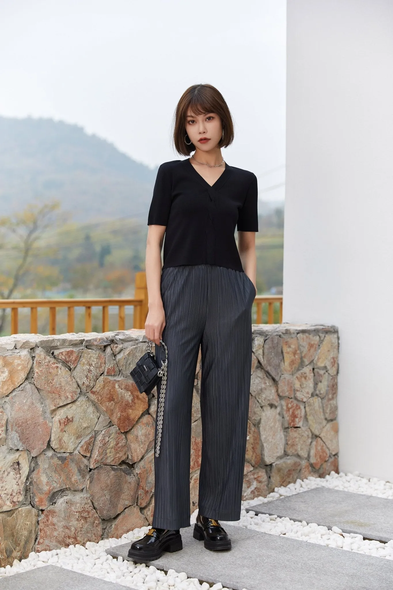 Grey Striped Folds Straight Leg Pants