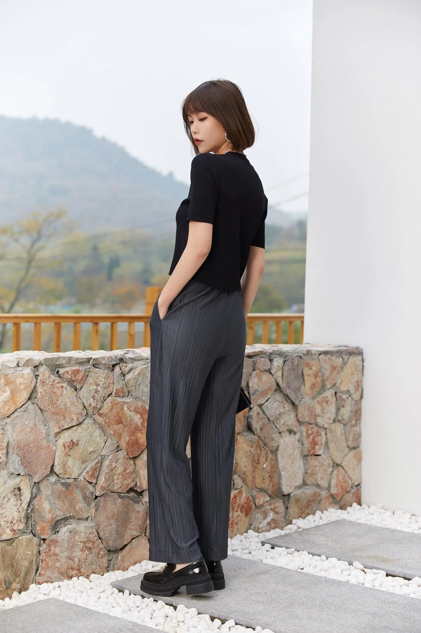 Grey Striped Folds Straight Leg Pants