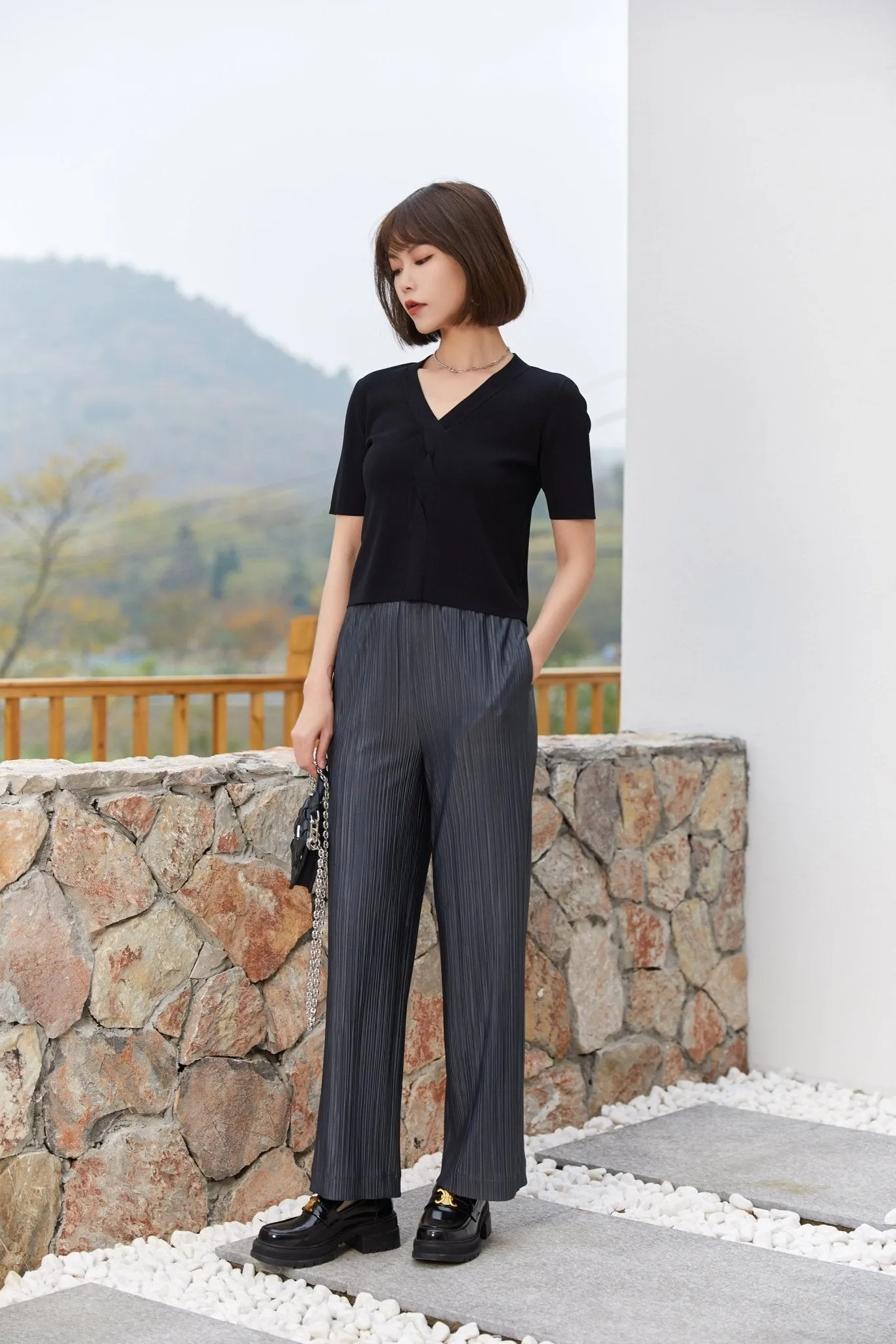 Grey Striped Folds Straight Leg Pants