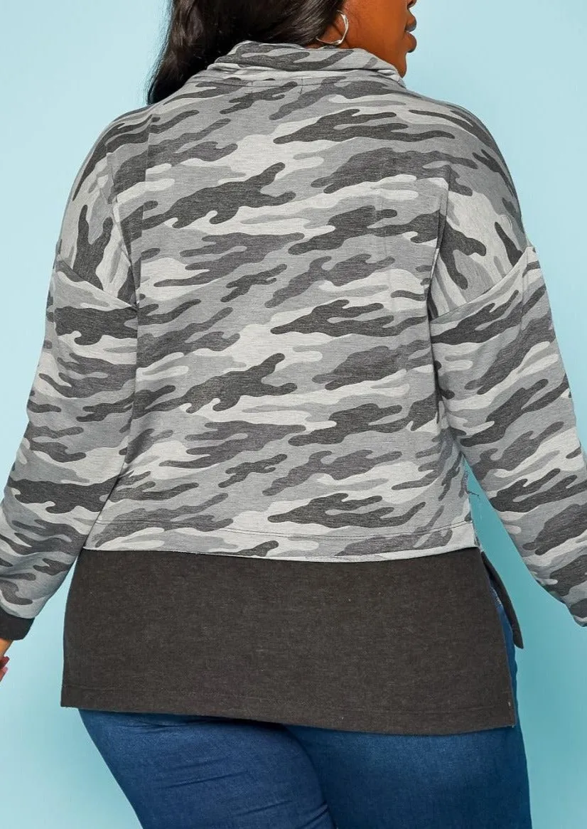 Hi Curvy Plus Size Camo Pattern Funnel Neck Sweater