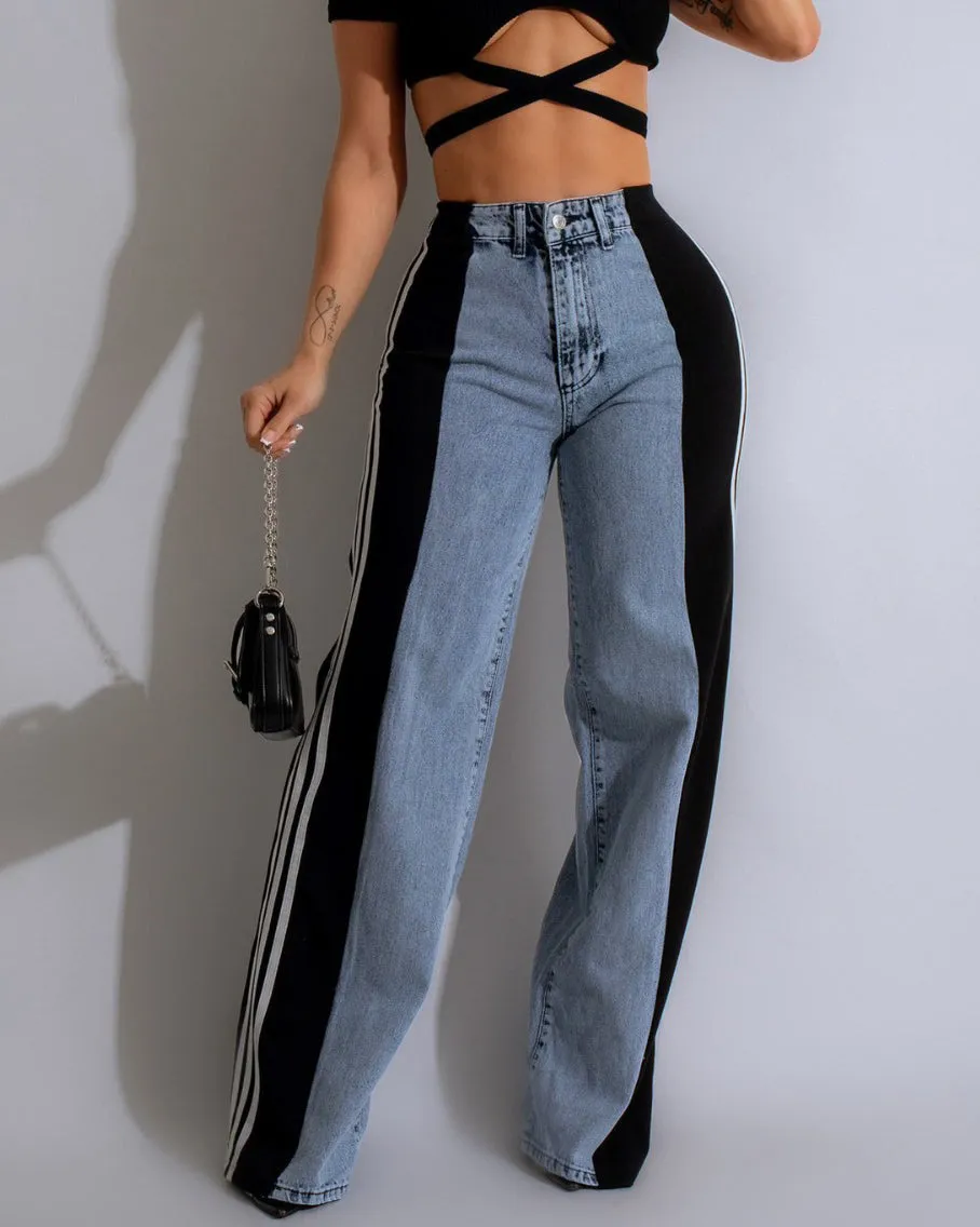 High Waisted Straight Pants Casual Pants Striped Patchwork Jeans Women