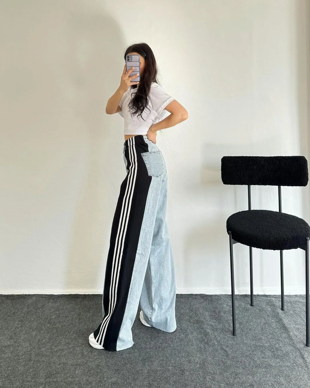 High Waisted Straight Pants Casual Pants Striped Patchwork Jeans Women