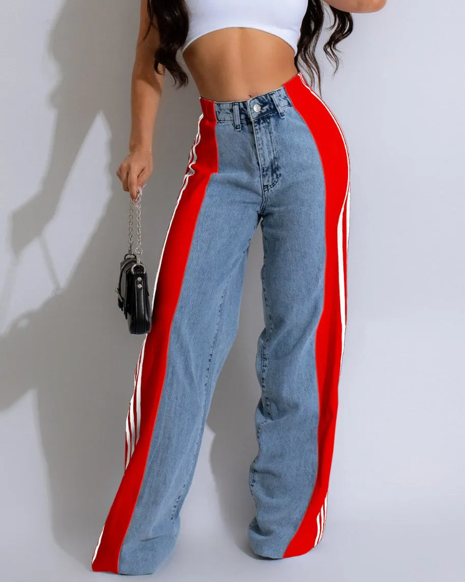 High Waisted Straight Pants Casual Pants Striped Patchwork Jeans Women