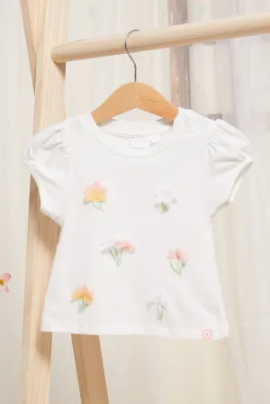 Infant Girls Ivory 3D Floral Embellished T-Shirt