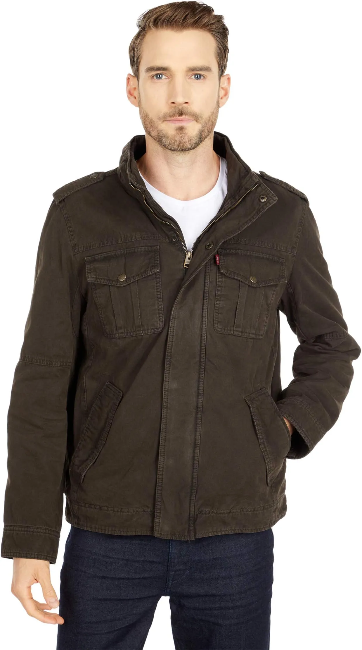 Levi's Two-Pocket Hoodie with Zip Out Jersey Bib/Hood and Sherpa Lining, Dark Brown