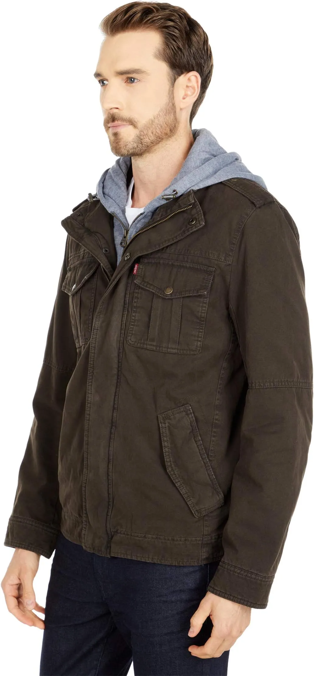 Levi's Two-Pocket Hoodie with Zip Out Jersey Bib/Hood and Sherpa Lining, Dark Brown