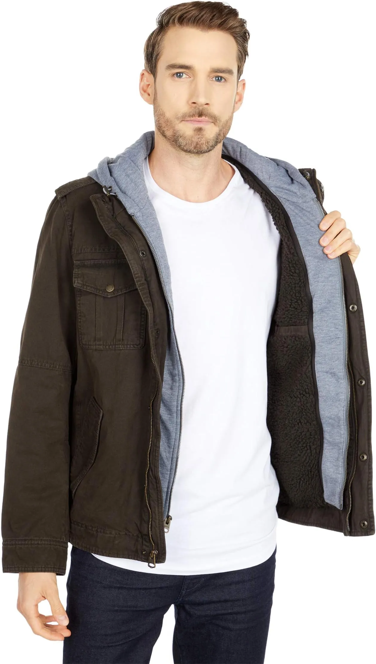 Levi's Two-Pocket Hoodie with Zip Out Jersey Bib/Hood and Sherpa Lining, Dark Brown