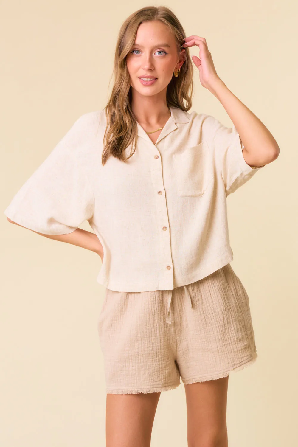 Linen Blend Notched Collar Short Sleeve Crop Shirt