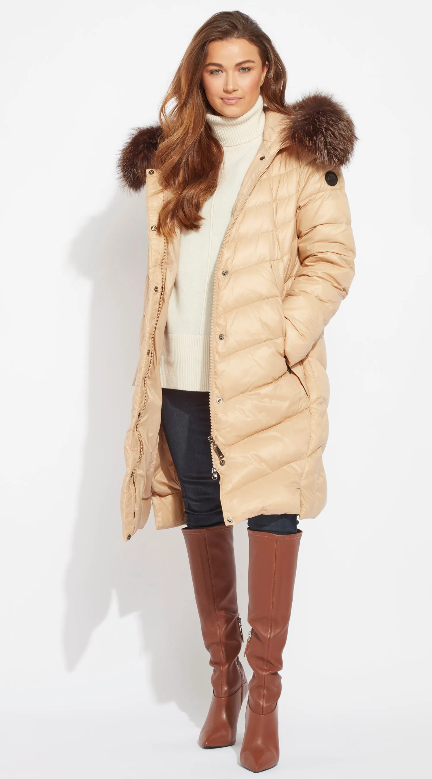 Luxy Midi Water-Repellent Down Jacket - Beige/Brown Mist