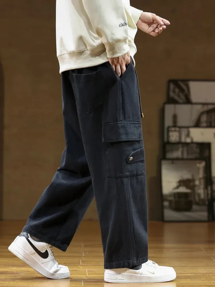 Men's Comfortable Cotton Black Cargo Wide Pants | Ideal for Summer