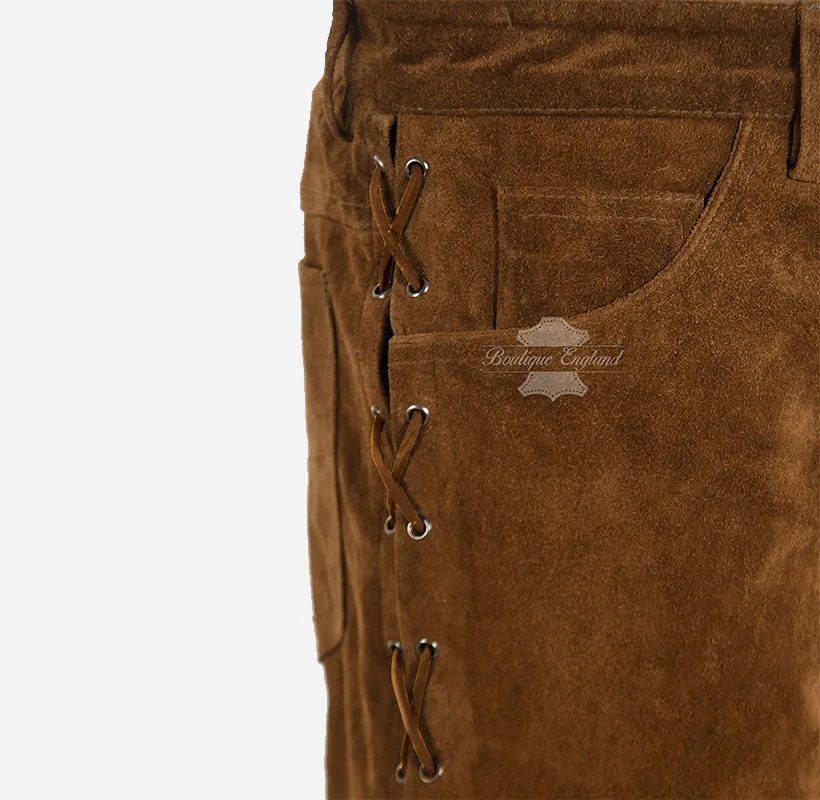 Men's Laced Biker Suede Pants Soft Suede Fashion Pants