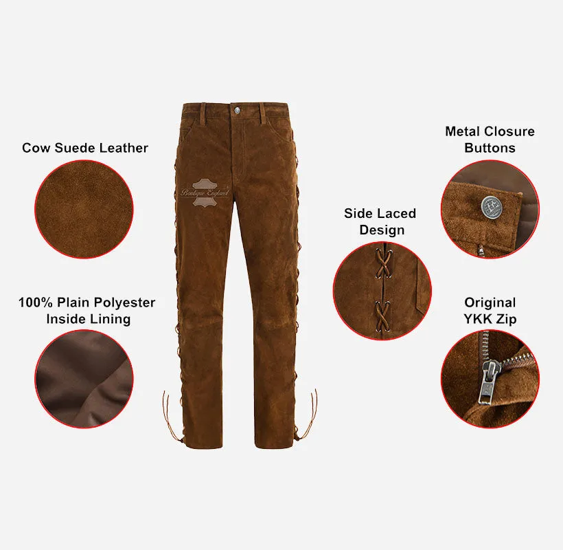 Men's Laced Biker Suede Pants Soft Suede Fashion Pants