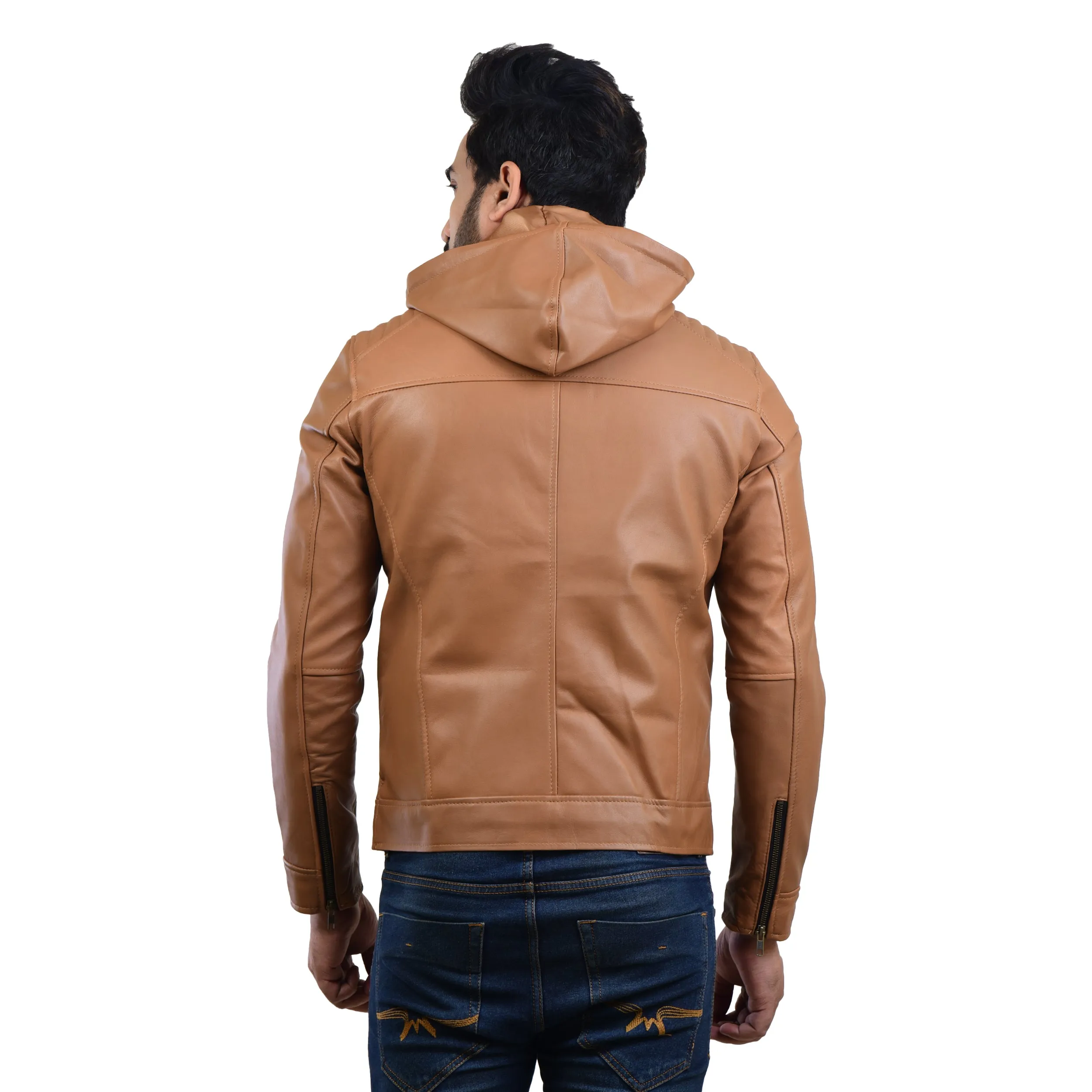 MENS LEATHER HOODED JACKET 410145(TAN)