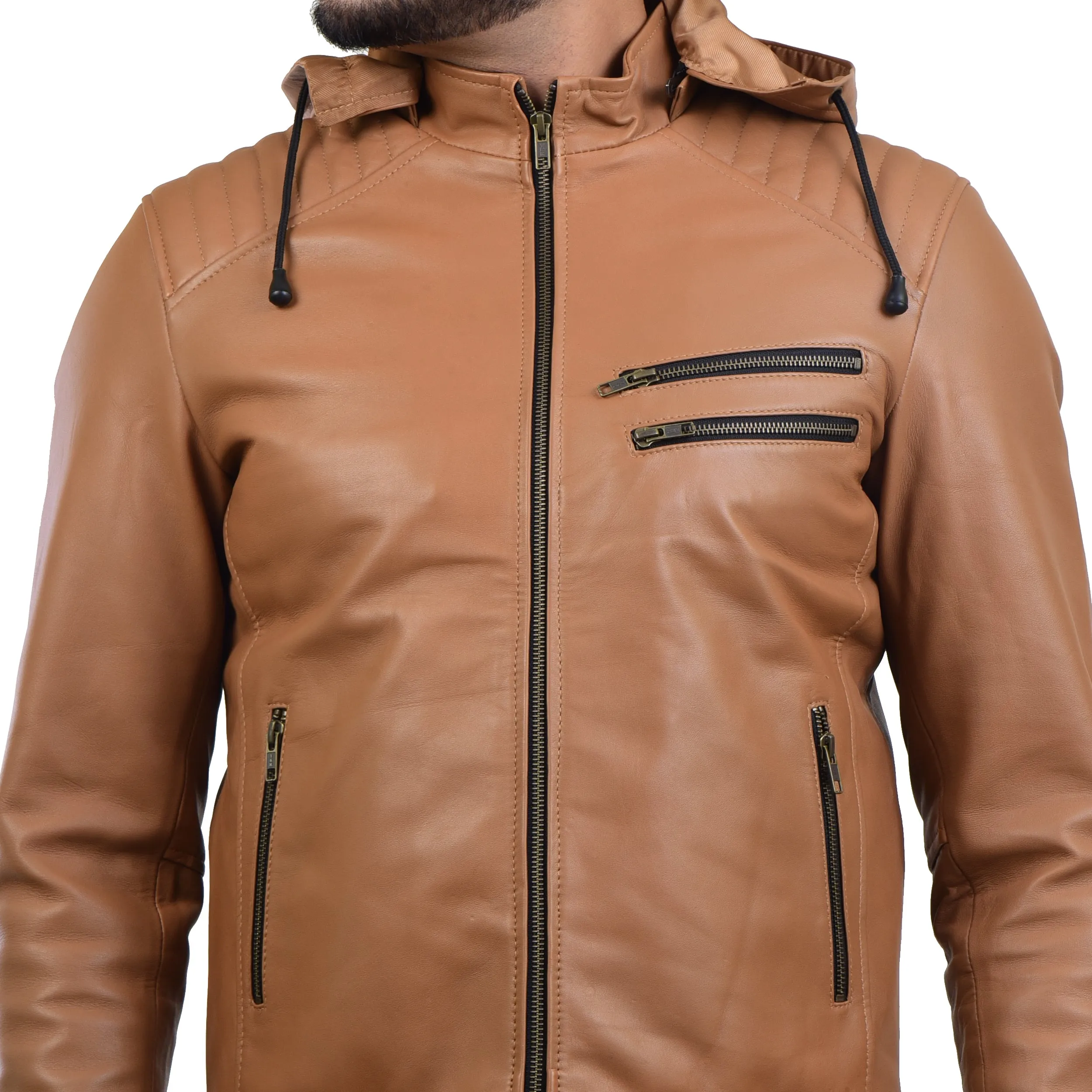 MENS LEATHER HOODED JACKET 410145(TAN)