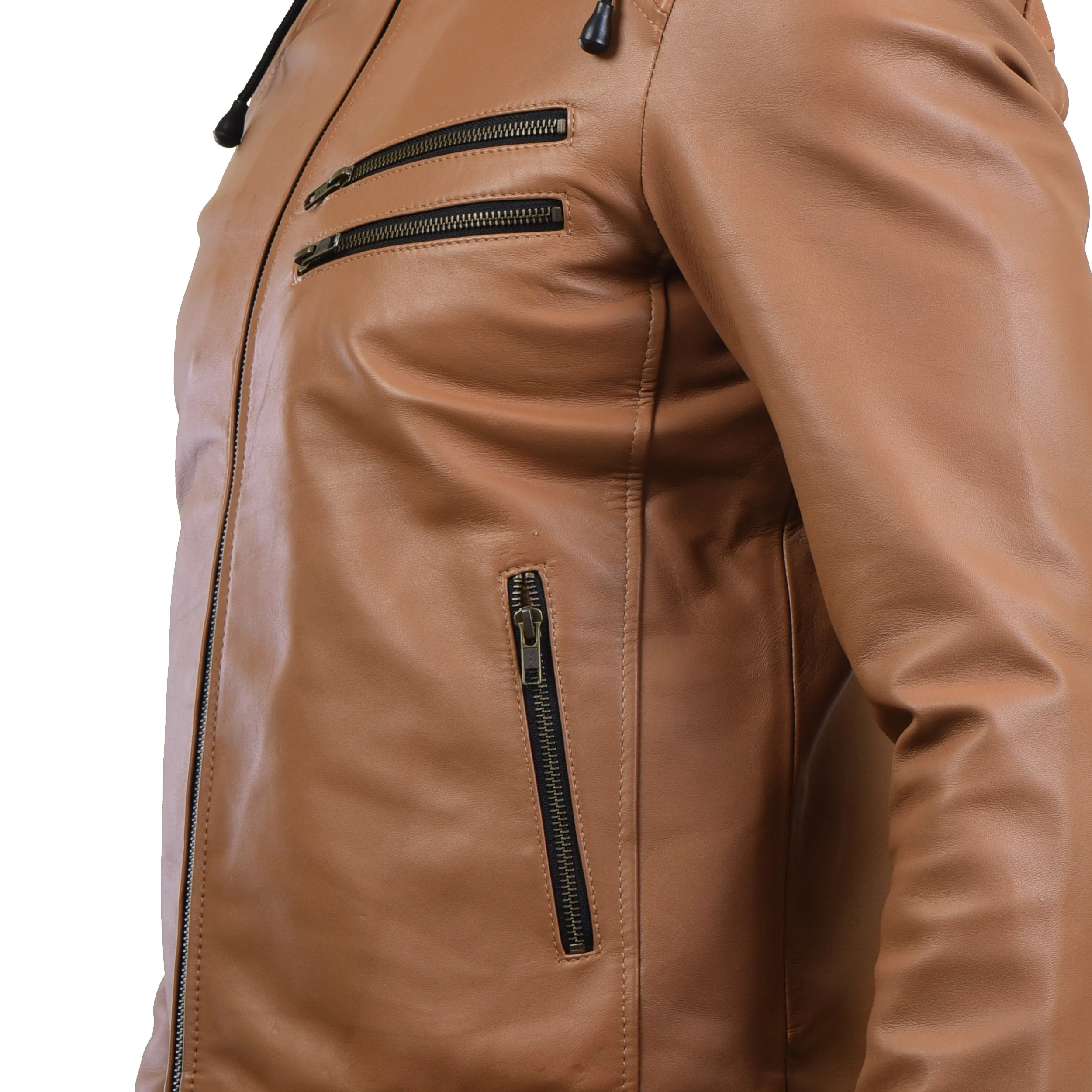 MENS LEATHER HOODED JACKET 410145(TAN)