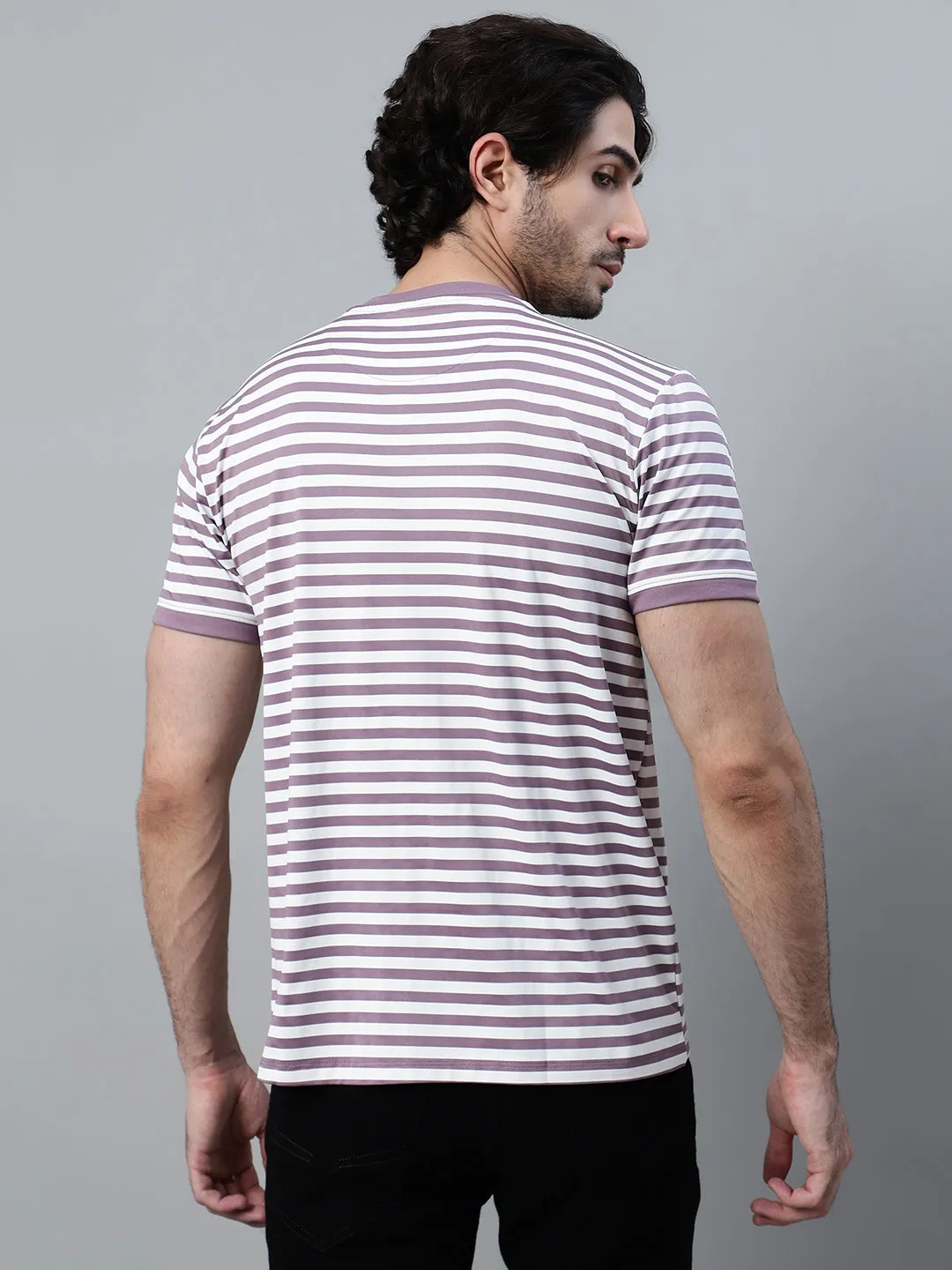 Men's Purple Striped Round Neck Half Sleeve T-shirt