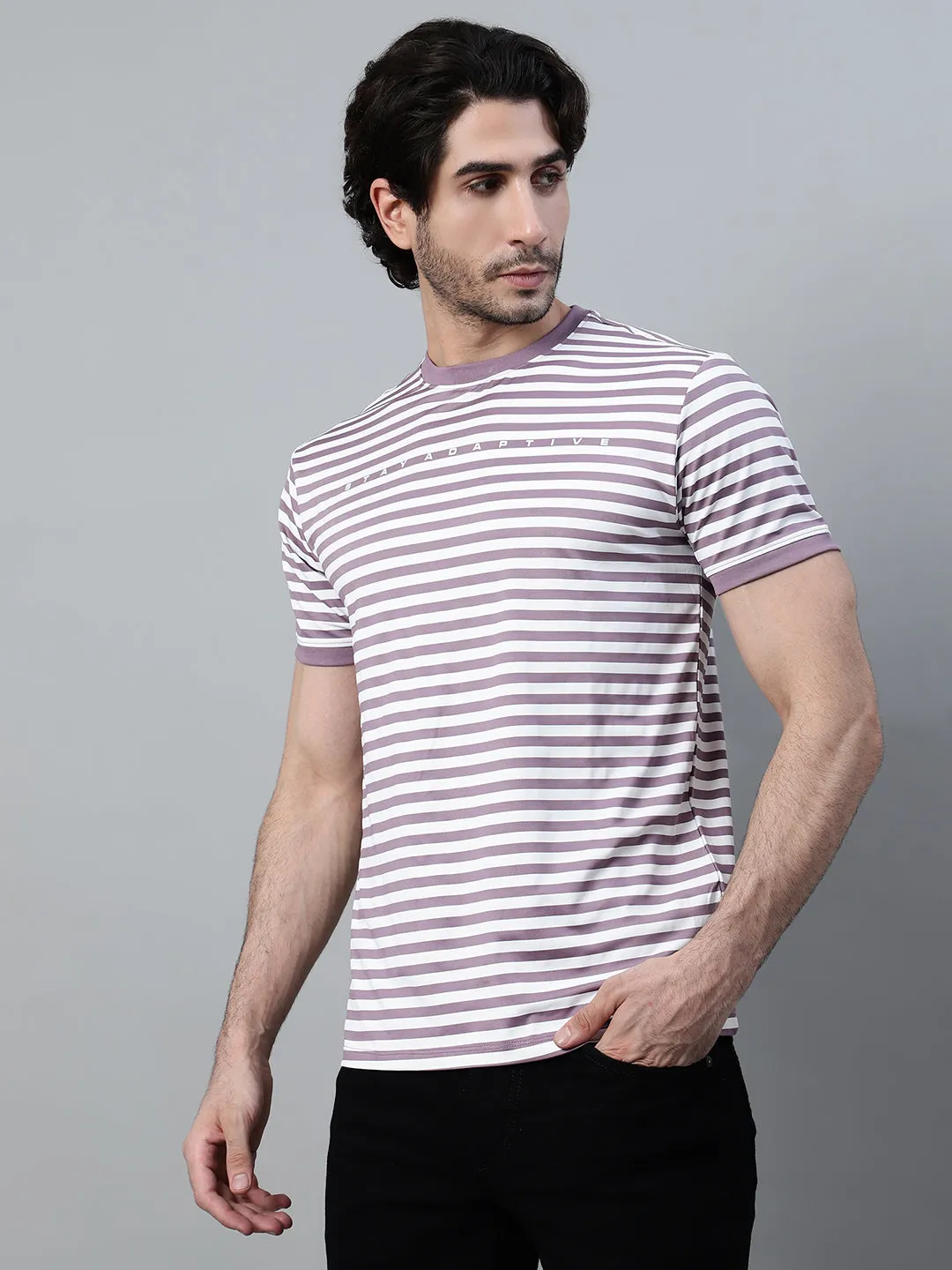 Men's Purple Striped Round Neck Half Sleeve T-shirt