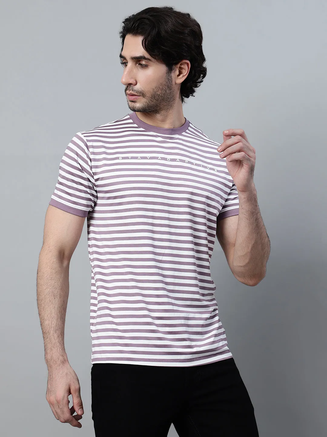 Men's Purple Striped Round Neck Half Sleeve T-shirt