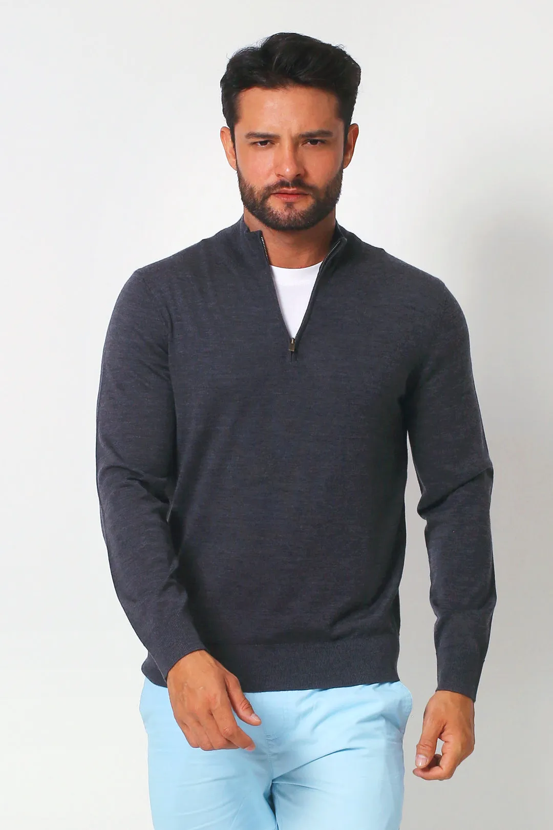 Merino Wool Quarter Zip Sweater - Charcoal