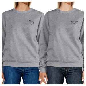 Origami Plane And Boat BFF Matching Grey Sweatshirts