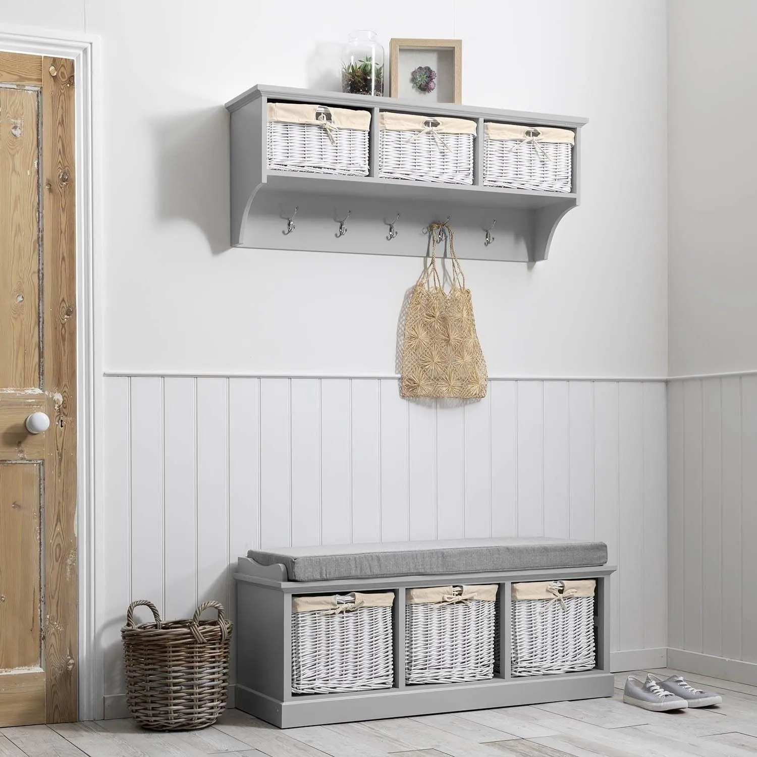 Outlet - Fyfield Coat Hooks with Shelf & Storage Baskets - Grey