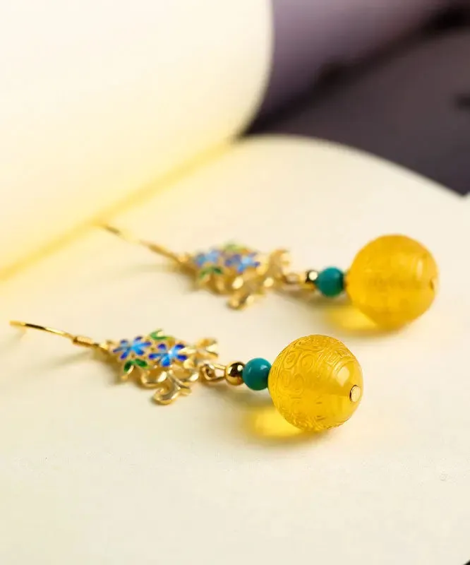 Sterling Silver Inlaid Amber Turquoise Floral Drop Earrings