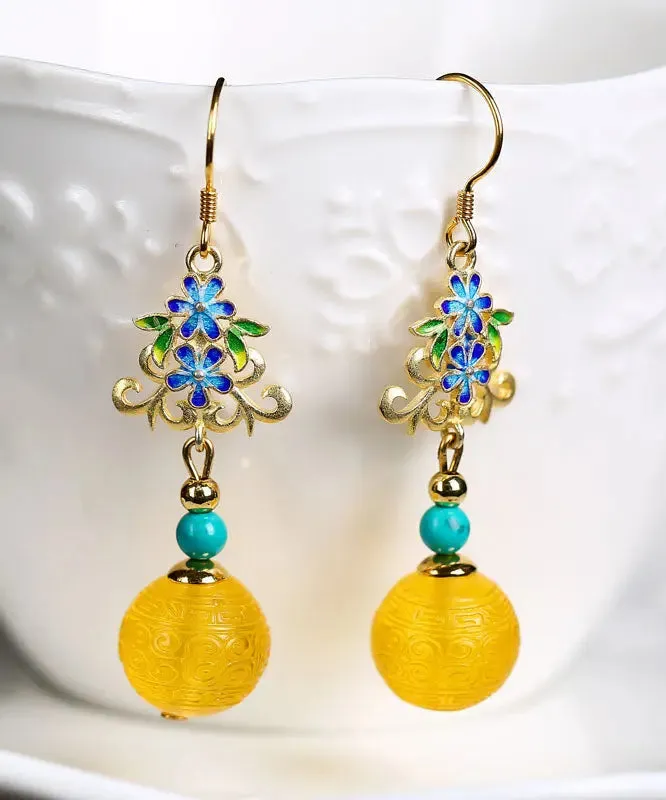 Sterling Silver Inlaid Amber Turquoise Floral Drop Earrings