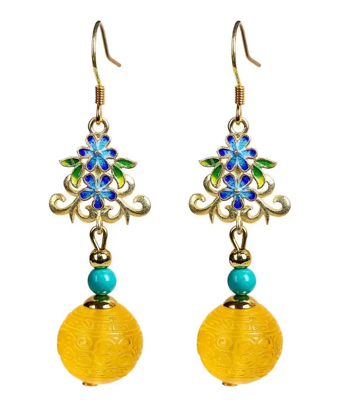 Sterling Silver Inlaid Amber Turquoise Floral Drop Earrings