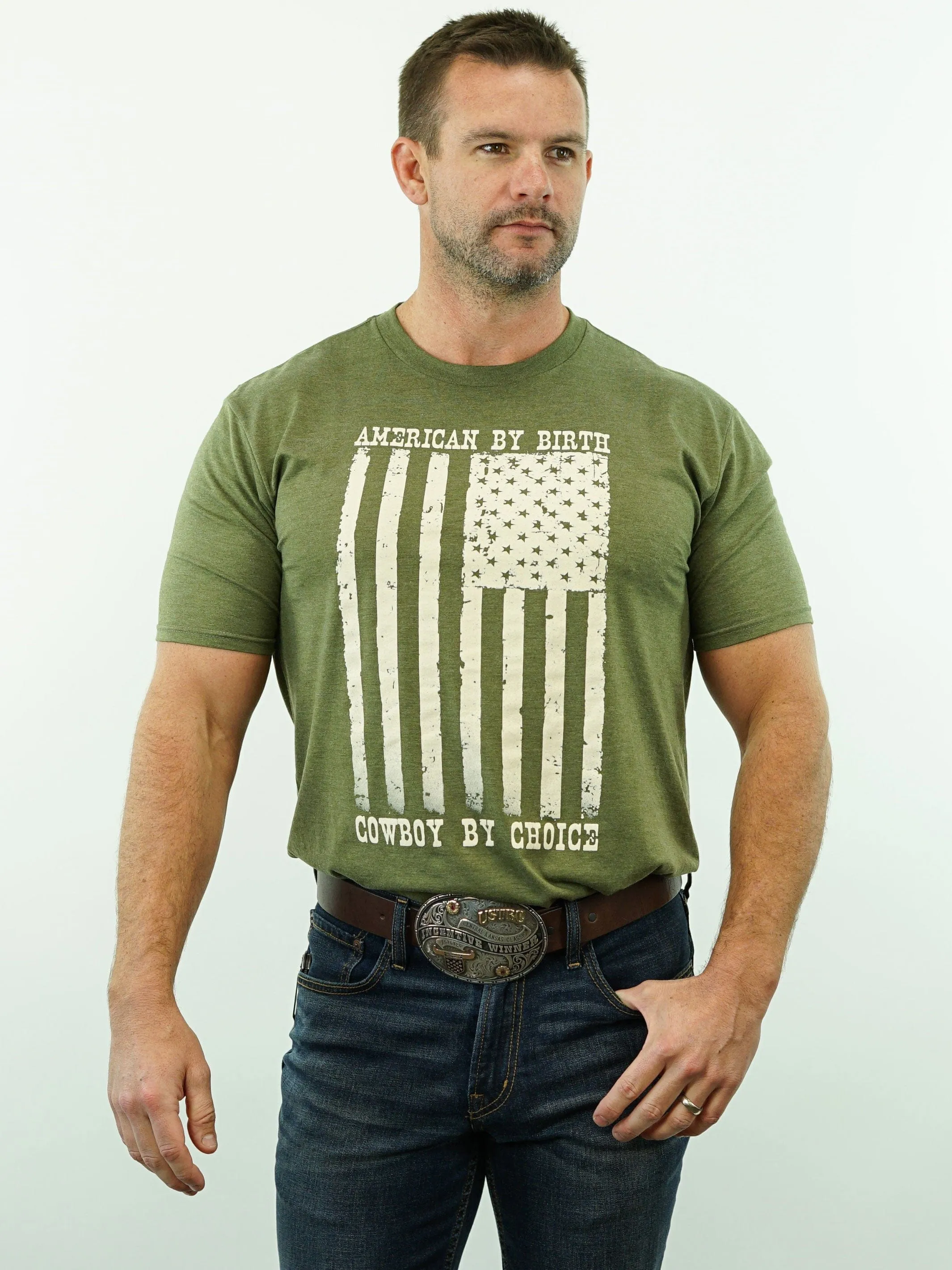 T-Shirt - American By Birth, Cowboy By Choice -  Army Green Heather